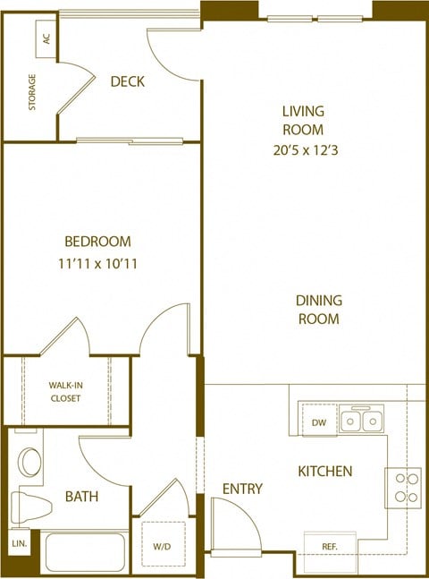 Floor plan for 1 bed, 1 bath, 711 sqft